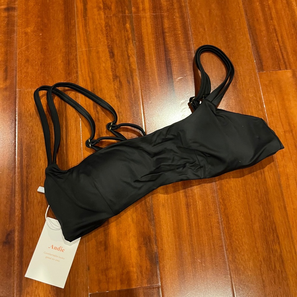 Andie Bikini Swim Top The Rockaway Black Double Strap Padded Bralette New Sz XS